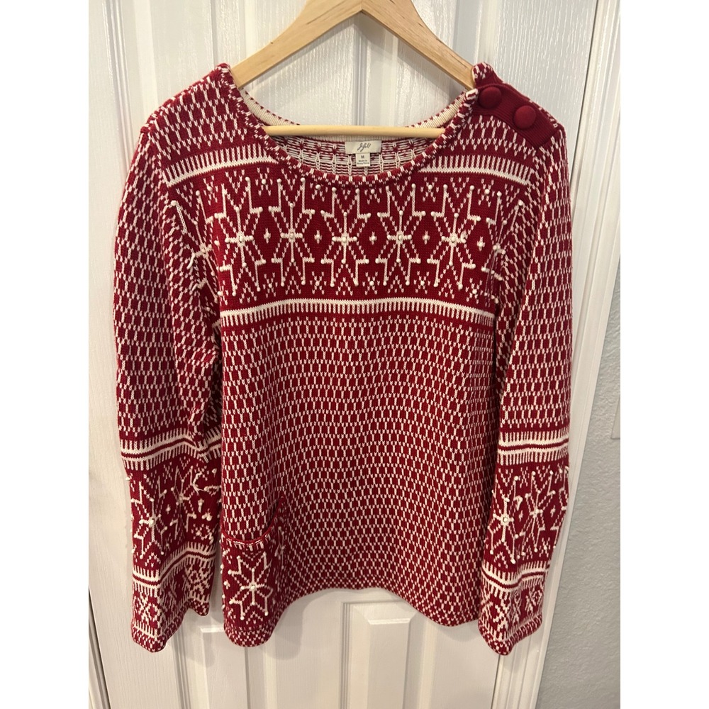 J. Jill‎ Sweater Red Fair Isle Snowflake Beaded Cotton Holiday Pullover Pocket
